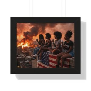 Framed Poster — '92%' Urban Rooftop Scene with American Flag (Horizontal)