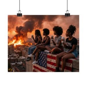 Matte Poster — Urban Dystopia: Young Women on Flag-Lined Rooftop with Burning City